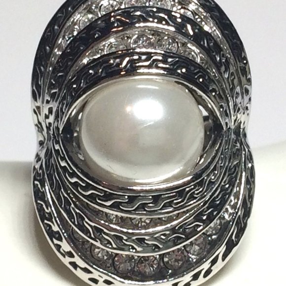 Pearl Cocktail Ring Size 6 Art Deco Statement Vintage Style Silver RhodiumPlated - Picture 1 of 12